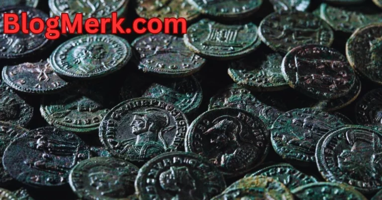 a pile of coins with a red text